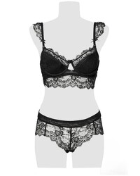 schwarzes, zweiteiliges Set aus Spitze mit Bügel-Cups und breitem Hosenbund - vergleichen und günstig kaufen